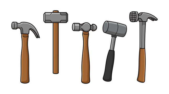 Hammer Tool Vector Set with Claw Hammer Sledgehammer Ball Peen and Rubber Mallet