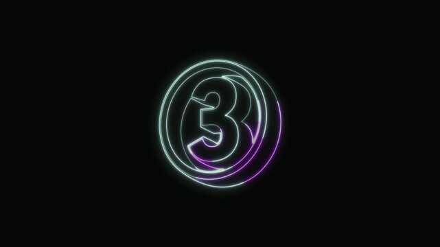 Number 3 Neon Text Seamless Loop 4K Black Background Animated Promotional Typography for Video Editing