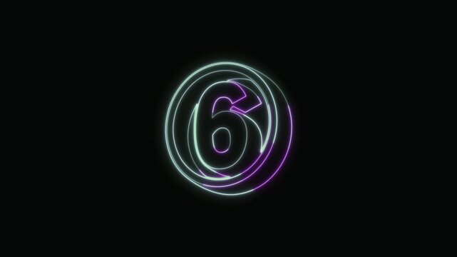 Number 6 Neon Text Seamless Loop 4K Black Background Animated Promotional Typography for Video Editing