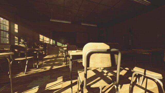 Warm lateafternoon classroom desk in focus, long window shadows stretching across floor, scattered chairs and soft haze creating cinematic moody atmosphere,