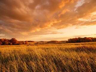 Naklejka premium Scenic autumn landscape featuring a golden sunset over a sunlit meadow during the fall season with vibrant fall foliage and soft autumn background