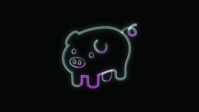  Pig Icon Neon Seamless Loop 4K with Black Background Animated Promotional Typography for Video Editing