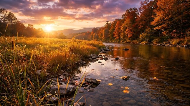 Breathtaking autumn landscape featuring vibrant fall foliage during a golden sunset over a peaceful sunlit meadow in the beautiful fall season
