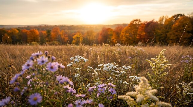 Stunning autumn landscape featuring a sunlit meadow during the golden sunset with vibrant fall foliage and colors throughout the beautiful fall season