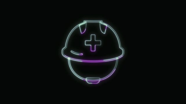  Rescue Worker Helmet Icon Neon Seamless Loop 4K with Black Background Animated Promotional Typography for Video Editing