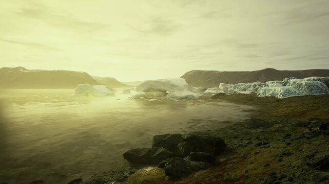 Iceberg lagoon near research coastline, scattered ice floes surrounding sheltered bay, small survey vessel tracing faint wake, tent silhouettes on shore