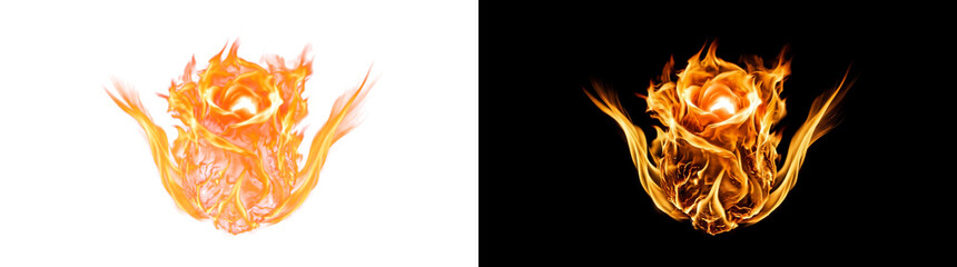Fototapeta premium Fiery Rosebud Flame Burst Overlay with Molten Ember Core and Glowing Petal Licks, Cutout Transparent PNG Light Effect