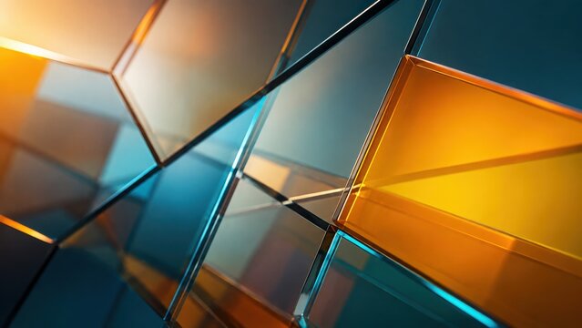 Abstract background, featuring overlapping glass, cubes with blue, and orange light, reflections creating geometric, patterns and transparent surfaces