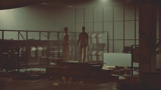 Abandoned store scene. Empty shop with silent shadows. Desolate retail space with quiet corners. Vacant store area featuring empty shelves and dim lighting