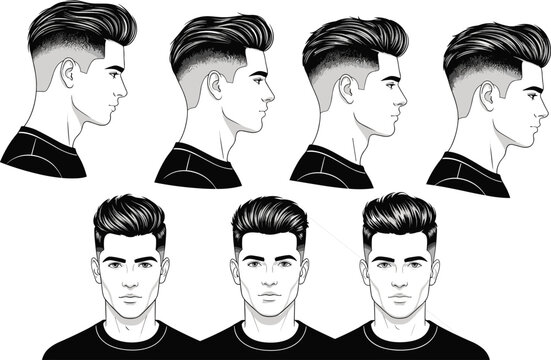 Large Collection of Hand Drawn Black and White Line Art Vector Illustrations Featuring Various Modern Male Hairstyles With Fades and Pompadours For Barbershops