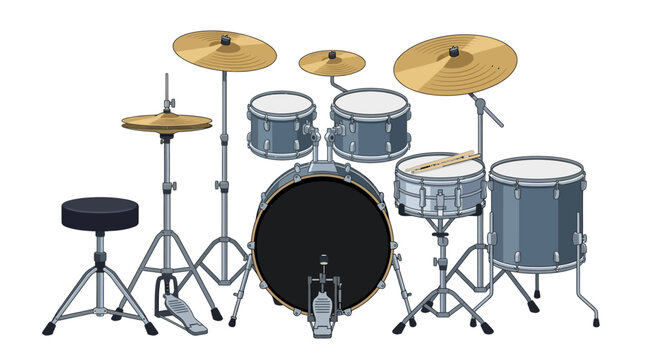 Drum set with cymbals and stool.