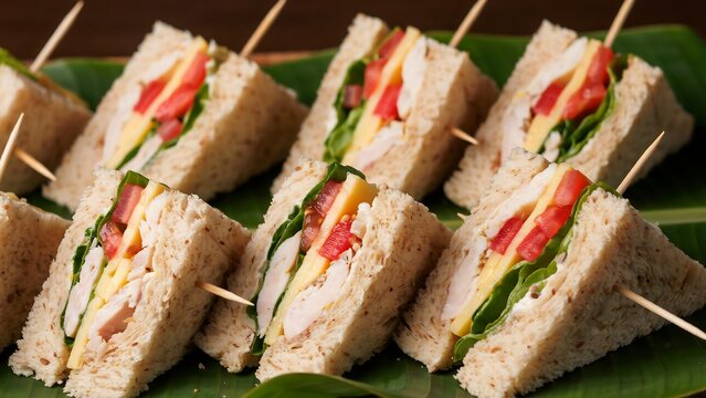 Fresh mini club sandwiches served on wooden skewers for party catering