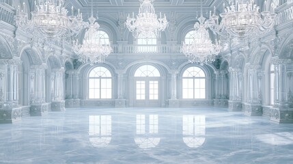 Fototapeta premium Bright crystal ballroom interior with grand chandeliers and marble floor