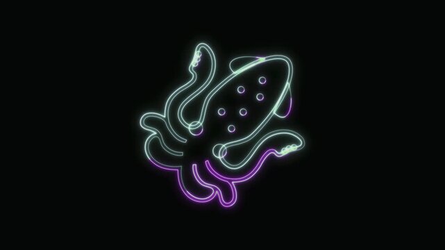  Squid Icon Neon Seamless Loop 4K with Black Background Animated Promotional Typography for Video Editing