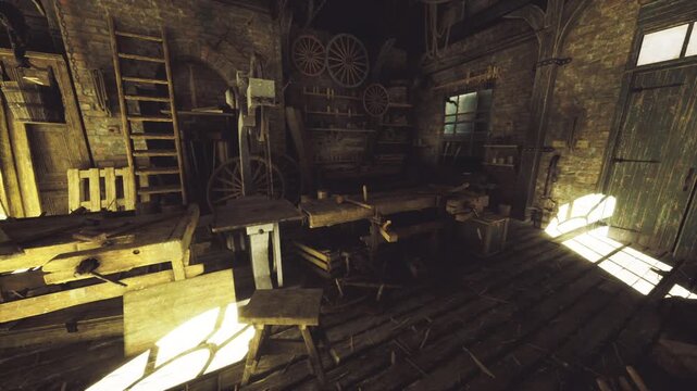 Cluttered vintage workshop with wagon wheels, benches and scattered tools, warm side light and layered composition evoking long history of manual trade