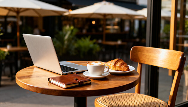 A laptop and a leather notebook placed on a small round table at an outdoor caf&eacute;, with a latte and a croissant