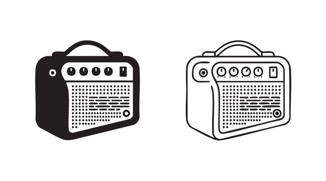 guitar amplifier icon set, black and white illustration featuring music, audio