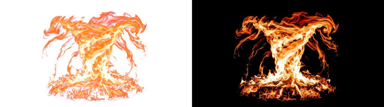 Conical campfire vortex with arching flame ribbons over ember boundary, glowing flame transparent design element with natural opacity falloff