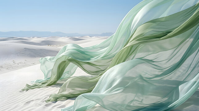 Light green flowing fabric blowing in the wind over white desert sand dunes under clear blue sky