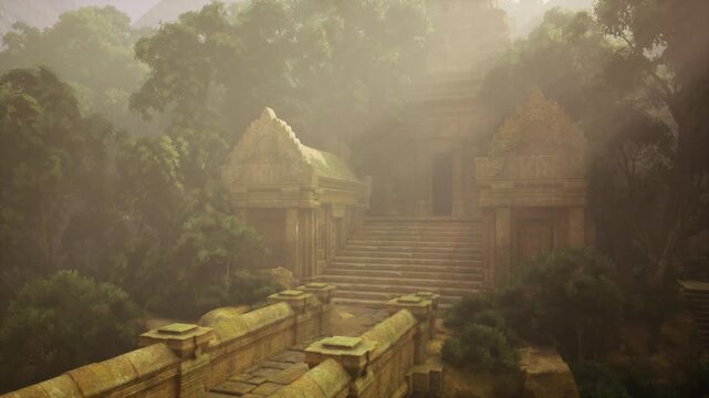 Misty jungle temple steps bathed dawn, soft golden light filters through canopy, crumbling stone carvings covered moss, dense foliage envelops structure, silent