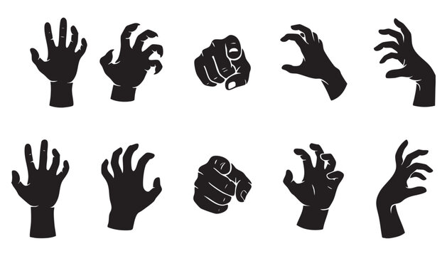 Set of scary zombie hands with sharp claws and gnarled fingers isolated on white background for horror themed graphic designs and halloween decorations.