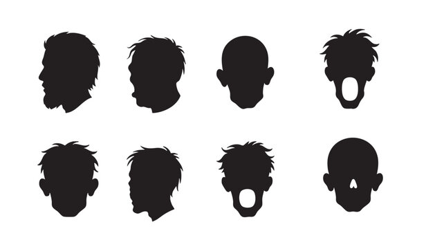 Different human head silhouettes in various angles including bearded profile and screaming faces for character development or horror gaming assets design.