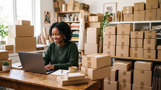 Young woman working on laptop in a room full of shipping boxes