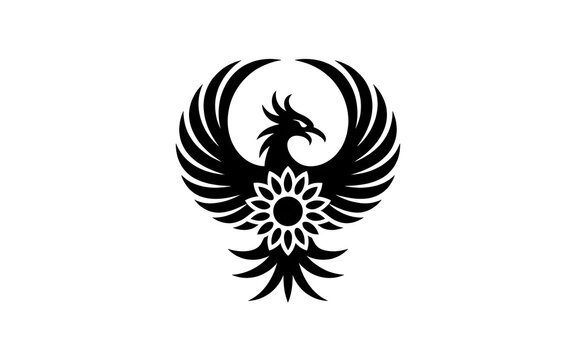 Phoenix bird logo with flower element vector silhouette icon