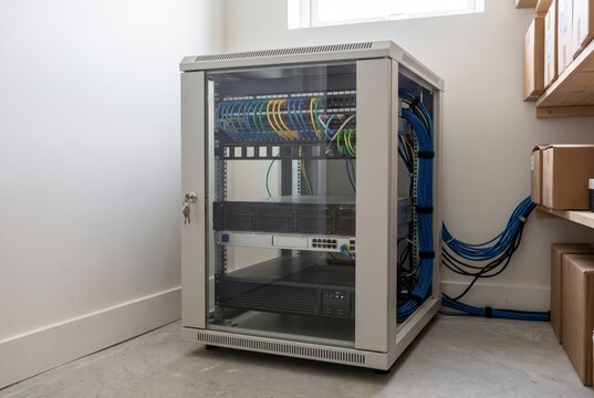 Server rack cabinet with network switch and patch cables in modern office IT closet