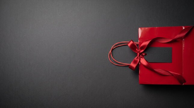 Red gift bag with satin ribbon and black tag on dark background