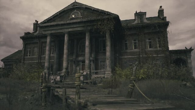 Forgotten Dutch civic museum facade with tall pillars and sagging steps, empty approach dotted with wild plants, heavy cloud cover and peeling stone conveying
