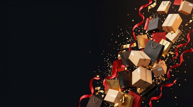 Shopping bags and gift boxes falling with confetti and ribbons on black background