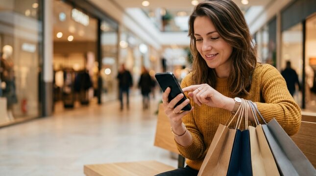 Woman using smartphone while holding shopping bags in a mall