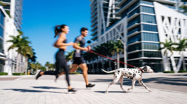 Couple Jogging with Dalmatian Dog on City Street