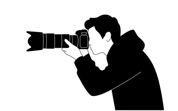 Photographer taking photo with professional DSLR camera vector silhouette