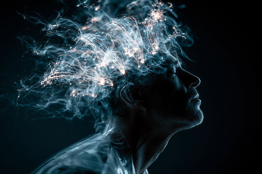 Profile of Man with Glowing Brain Activity and Neural Energy