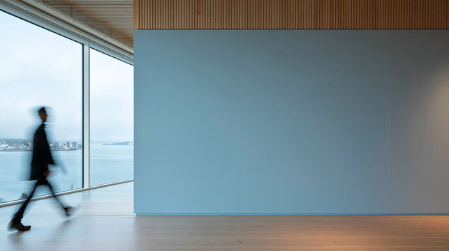 Modern Interior with Blank Wall Mockup and Walking Person