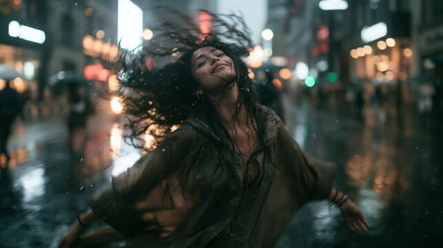 Carefree Young Woman Dancing in Rain on City Street