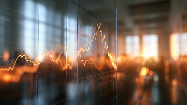 Glowing Stock Market Graph on Glass Office Wall