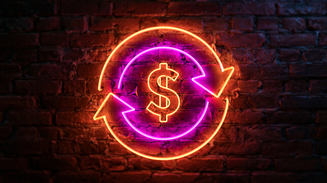 Glowing Neon Cashback and Money Exchange Sign on Brick Wall