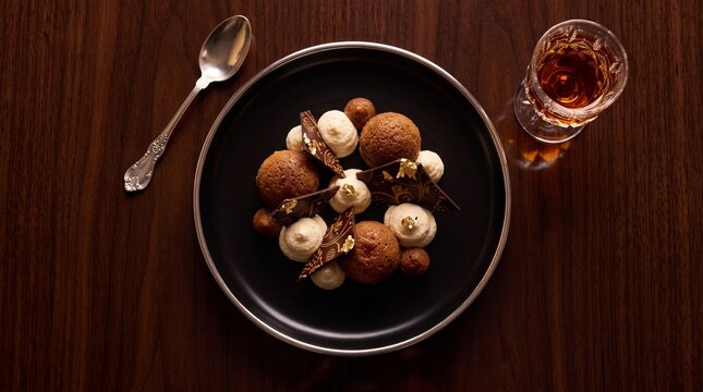 Gourmet Plated Pastry Dessert with Glass of Liquor