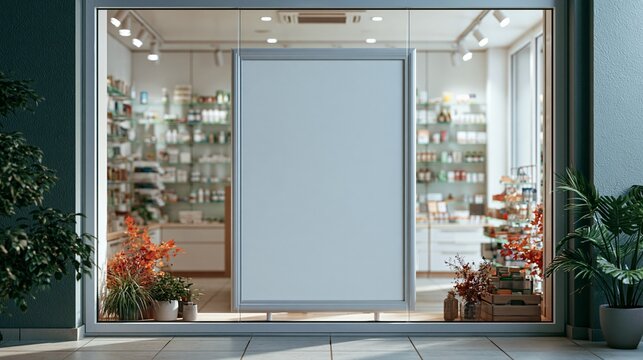 Pharmacy vaccination campaign poster mockup in a modern pharmacy window Generative AI