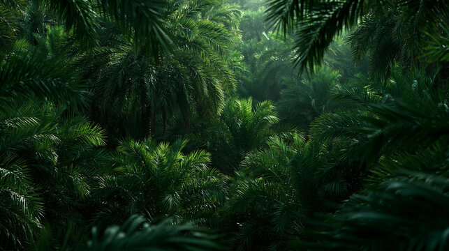 Lush Tropical Rainforest Canopy with Dense Palm Trees