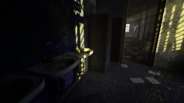 Narrow derelict washroom corridor with overhead shafts of sunlight illuminating dust, row of damaged sinks and open stalls, gritty textures and scattered debris