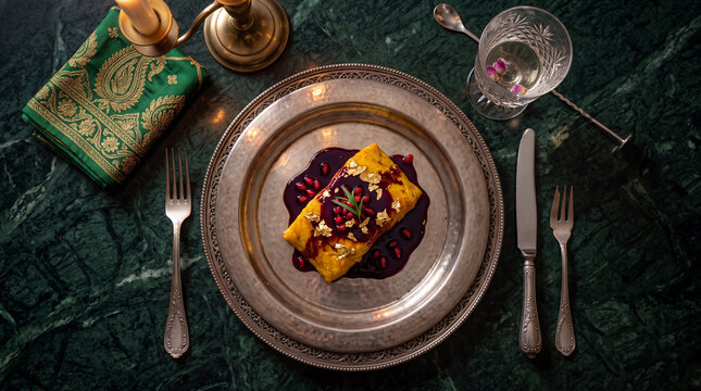 Gourmet Dessert with Berry Sauce on Vintage Silver Plate