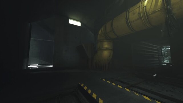Night maintenance corridor with duct lighting and dim glow, inspectionready walkway with hazard stripes, quiet hum, worn metal and tools absent but implied work