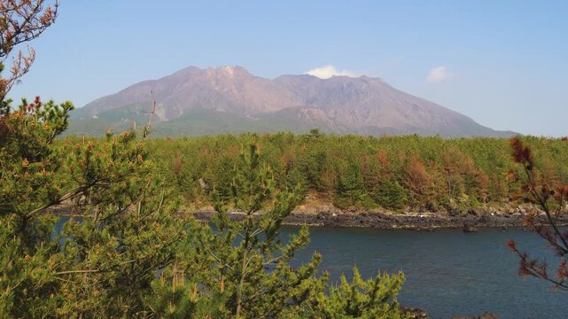 Sakurajima Volcano Island landscape, Japan, Kagoshima prefecture, Kyushu island region, island volcano and bay, Yunohira Observation Deck, ferry trip from Kagoshima, Kirishima-Kinkowan National Park 