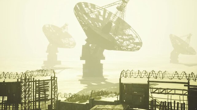 Parabolic listening post in pale light with clustered antennas, industrial walkways and fenced enclosures, surveillance and scientific mission readiness mood.
