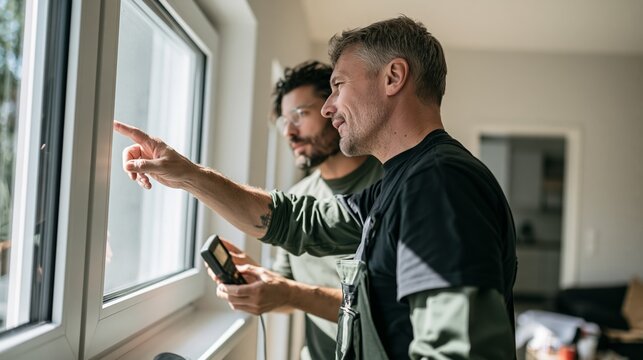 Homeowner checks window insulation with technician using thermal inspection device in bright living room Generative AI