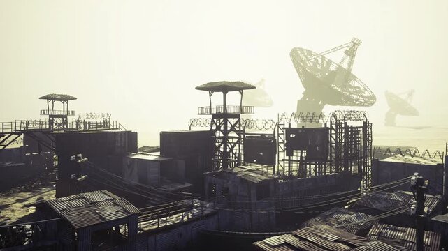 Sunlit abandoned comms outpost at dawn, silhouetted towers and satellite dish, corrugated containers, rippled ground texture, warm backlight creating long